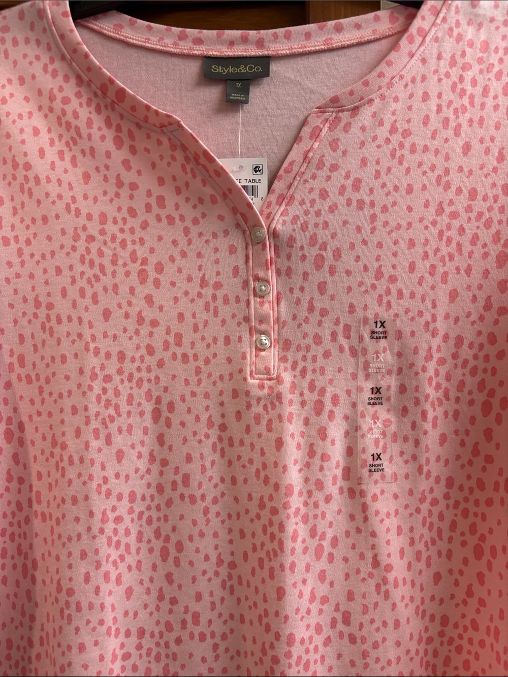 Style & Co. Pink Printed Short Sleeve Henley Tee